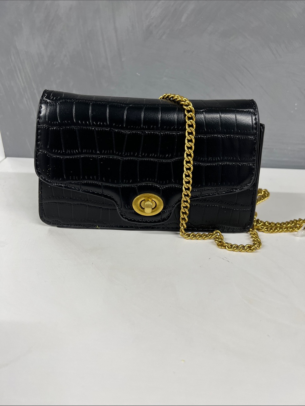 Black Croc-Embossed Crossbody with Gold Chain